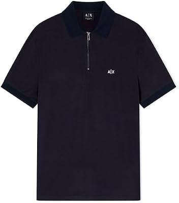 3D Embroidered Logo Half Silver Zip Polo, Bleu foncé, M Hommes