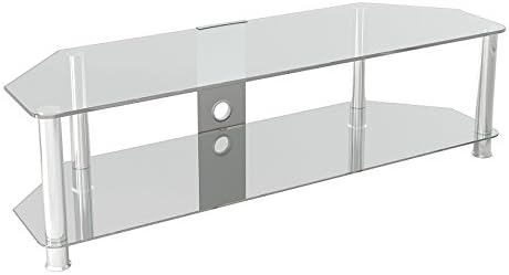 MAHARA Glass Corner TV Stand, Universal Clear Glass Unit 140cm wide, Glass Shelf & Cable Management