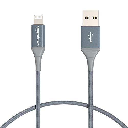 Cable Lightning a USB de nailon trenzado doble de Amazon Basics - Colección avanzada, cargador de iPhone de Apple con certificación MFi, gris oscuro, actualización de 1 pie (durabilidad nominal de 10,000 curvas)
