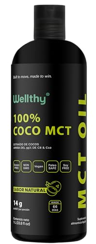 Wellthy MCT Oil 1L Aceite 100% Coco Natural. 66 Porciones, C8+C10 Alta Pureza, Keto y Paleo Safe, Sugar Free, Vegan, NON GMO, Gluten Free, Libre de Soya, Libre de Palma, Origen Filipino.