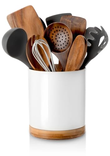 360° Rotating Utensil Holder, 7.2" Large White Ceramic Cooking Utensil Crock, Countertop-Protection Cork Bottom, Ideal for Farmhouse Kitchen Decor, White