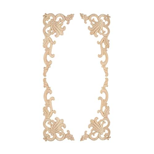 MUXSAM 4pcs Wood Carved Corner Onlay Mouldings Applique Right+Left(each 2pcs) European Style Door Decoration Unpainted