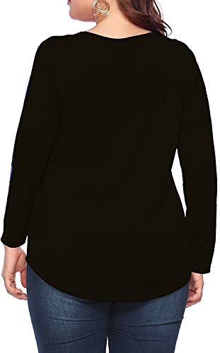 caidyny Womens Plus-Size V-Neck Tops, Causal Long Sleeve Soild Color Tunic Shirts(Black,2XL)