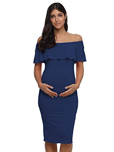 Jezero Women's Ruffle Off Shoulder Maternity Dress Sleeveless Ruched Sides Knee Length Bodycon Dress,Navy,X-Large