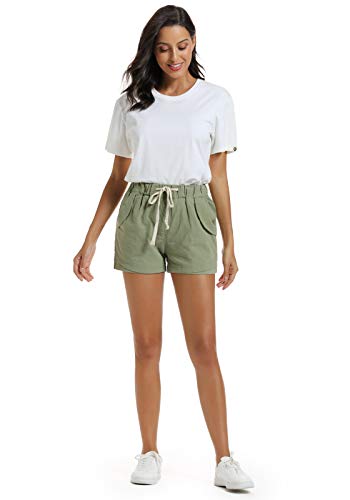 NEWFANGLE Women’s Cotton Linen Causal Shorts Comfy Beach Short Drawstring Elastic Waist Shorts,Green,S