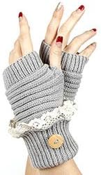 Women's Grey Laced Fold Over Hand Wrist Warmer Button Accent Knitted Gloves. One Pair. 100% Acrylic. One Size.