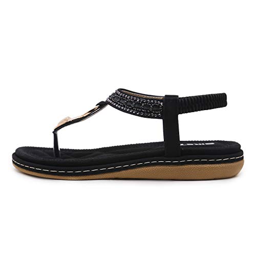 Women's Bohemian Summer Flat Thong Sandals, Black T-Strap Flip Flop Glitter Rhinestone Shiny Golden Metal Shoes for Dressy Casual Jeans Daily Wear and Beach Vacation, Homecoming Vintage Evening Party - Thumbnail 2