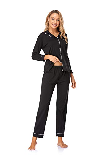 Pajamas Set Long Sleeve Sleepwear Womens Button Down Nightwear Soft with Elastic Waist Long Pj Lounge Sets S-XXL Black