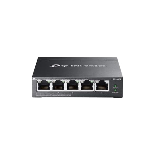 TP-Link Omada ES205GP 5-Port Gigabit Easy Managed Switch mit 4 PoE+ s, 65W -Budget, Metallgehaeuse, Plug & Play, Auto Recovery, -Isolierung, VLAN, IGMP Snooping, Zentrales Cloud-Management