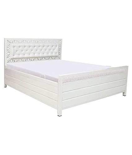 Royal Interiors Metal Matte Finish Queen Size Bed with Hydraulic Storage (Ivory)