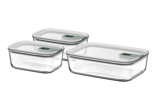 Mepal - Set Glass Food Container EasyClip - Container with lid & sliding closure - Meal prep boxen - Suitable for microwave, steamer, refrigerator and freezer - 2x 700 + 1500 ml - Nordic sage