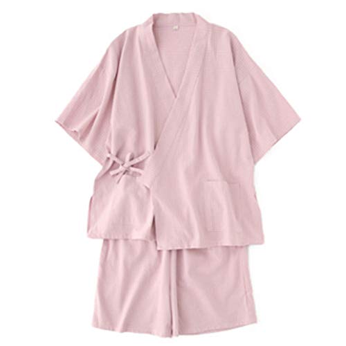 Kylin Express Japanese Plaid Style Close-Fitting, Short Sleeves Cotton Kimono Pajamas Suit Dressing Gown Set, F
