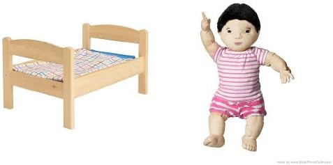 Ikea's DUKTIG Doll bed with bedlinen set, pine, multicolor and LEKKAMRAT Doll, pink