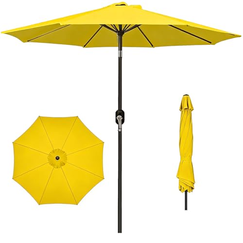 MAKE CHANGES 9FT Patio Umbrella Outdoor Table Market Umbrella with Push Button Tilt & Crank, 8 Sturdy Ribs Waterproof UV Protection Fade-Resistant for Garden, Deck, Backyard, Pool, Yellow by MAKE CHANGES - Used condition - US$44.62
