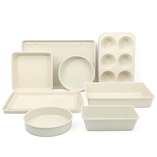 Martha Stewart Gallen 10 Piece Baking Pans Ceramic PFA Free Non Toxic Non Stick Bakeware Set - Linen White