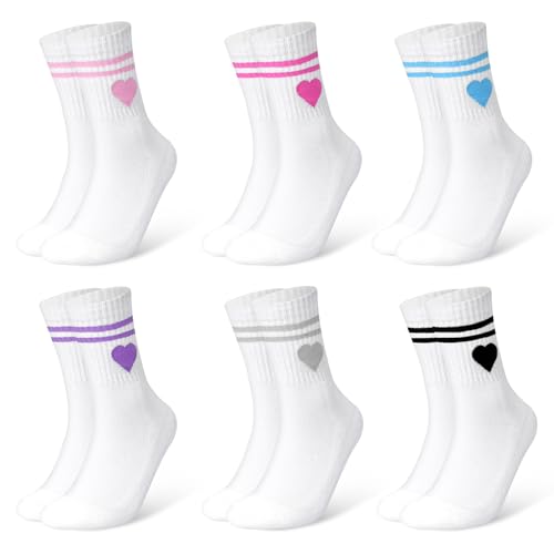 Hagot 6 Paar Damen Tennis Socken, Tennissocken Damen, Frottee Sohle Atmungsaktiv Baumwollsocken, Mit Streifen Herz Weiß Tennis Socken