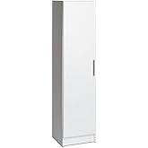 Pemberly Row Contemporary Storage Broom Cabinet, 65" H x 16" W x 16" D, Laminated Composite Wood, White Finish, Brushed Metal Handle, Adjustable Shelves, Indoor Office Storage