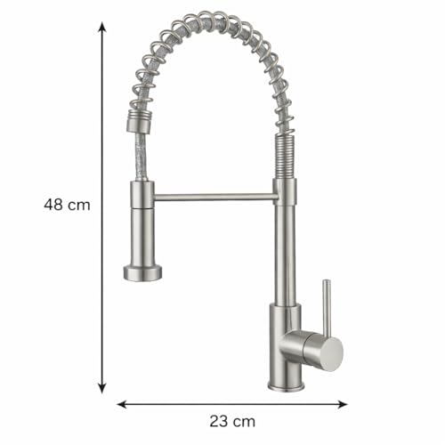 Torneira Monocomando Cozinha, Gourmet Para Bancada, Aço Inox Brilhante, Bico Giratório 360°, Spray Extensor