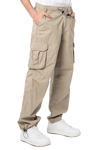 THWEI Men's Cargo Pants Trendy Casual Loose Fit Stretch Elastic Waist Work Pants Streetwear