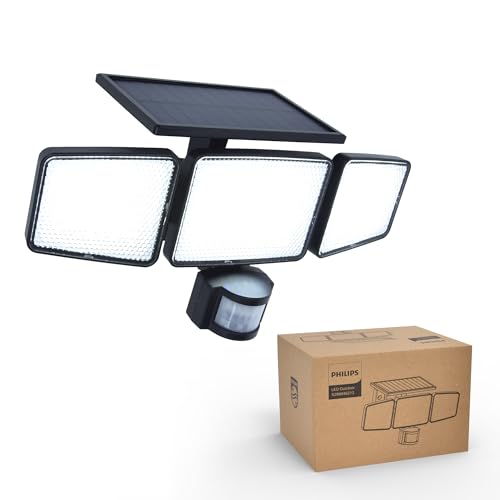Philips Solar-Sicherheitsleuchte für den Außenbereich, 302 LEDs, 1200 lm, wasserdicht, solarbetrieben, mit PIR-Bewegungsmelder, 3 Köpfe, IP65 wasserdi