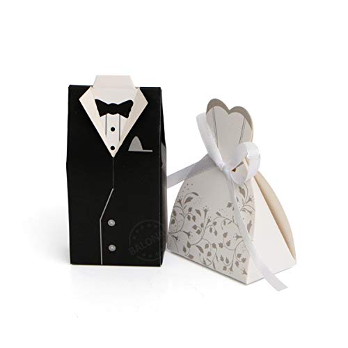 BALONAR 100pcs Wedding Party Gift Box Creative Favor Boxes Candy Bag with Silk Ribbon of Groom Bridal Tuxedo Wedding Dress for Party Supplies Wedding Anniversary Decorations
