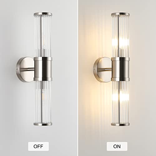 Industrial Wall Sconce Brushed Nickel Bathroom Light Fixtures, ECOBRT Indoor Glass Bath Vanity Lights for Mirror Sconces Lamps Up and Down Wall Mounted Lighting E12 Socket