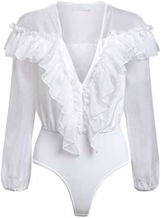 D Jill Women's Deep V Neck Chiffon Ruffle Blouse Shirt Long Sleeve Bodysuit Tops
