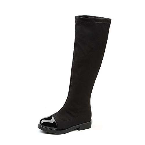 ALLAK Girls' Knee-High Boots with Thick Heels and Rounded Toe(Black Cotton-EU 29/12 M US Little Kid)
