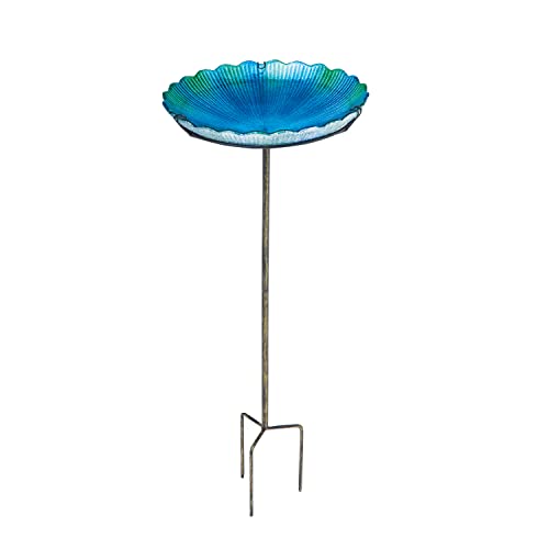 Evergreen Blue Sea Glass Bird Bath with Metal Stake 11”L x 11" W x 26