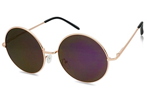 55mm Large Circular Retro Round Flat Mirrored Hippie Circle Sun Glasses (Rose Gold/Purple Lens, 55)