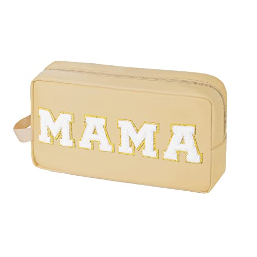 Sawjut Preppy Chenille Letter Patches Stuff Bag, Nylon Varsity Cosmetic Toiletry Bag with Zipper, Portable Skin Care Pouch Travel Make Up Skincare Organizer for Girls Women