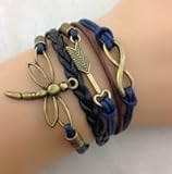 #1409 Navy and Brown Designer Multi-strand Cord Bracelet, Men, Womens, Boys or Girls Bracelet. 3pcs Bracelet- Infinity, Arrow and Dragonfly Bracelet in Bronze - Wax Cords and Leather Braid Bracelet
