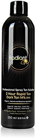 Spray Tan Solution- 2 Hour Rapid Tan - Natural - Organic - Vegan - 14% Dark - Adjustable Shades - 250ml - Up To 5 Tans - No Nasty Ingredients - Made In Australia Exclusively For Radiant Glo