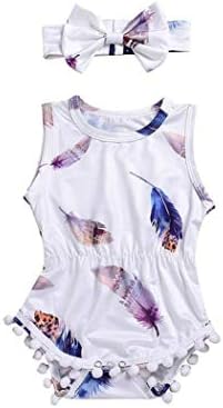 Summer 2PCS Infant Kids Baby Girls Sleeveless Feather Romper Jumpsuit+Headband Sets