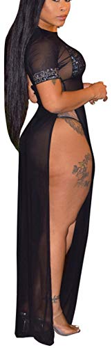 Women's Sexy Long Maxi Dresses Summer Casual See Thru Round Neck Short Sleeve Sheer Mesh Beach Cover Ups Loose Stretchy Plus Size Swimsuit Split Side with Fake Diamond