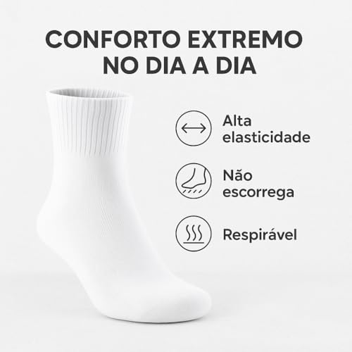 Meia Cano Médio Kit 6 Pares Meias Esportiva Branca, Punho Canelado, Adulto Unissex