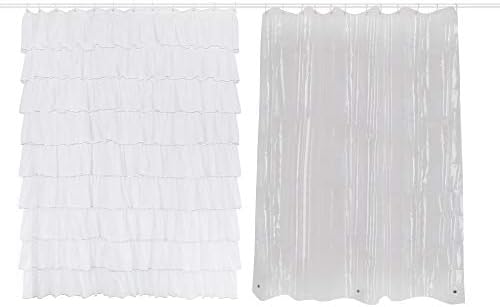 Superb Set (Pack of 2) White/Silver Ruffle Shower Curtain(Fabric) and Clear Shower Curtain Liner(Mildew Resistant) with Hooks for Bathroom, Extra Long for 72 x 72 Inches