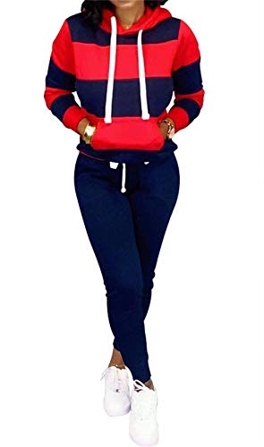 Women 2 Piece Sport Outfit Set Striped Long Sleeve Hoodie Sweatshirt Bodycon Pants Tracksuits Navy