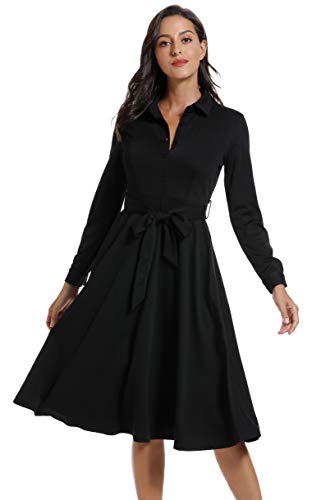Zredurn Women's Elegant Pleated Shirt Dress with Long Sleeve Pleated Belted A-Line Dress Style (Black-New, S)