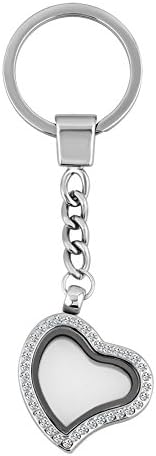 ThirdTimeCharm Living Memory Floating Locket Keychain Magnetic Closure Key Ring Jewelry (Crystal Heart)