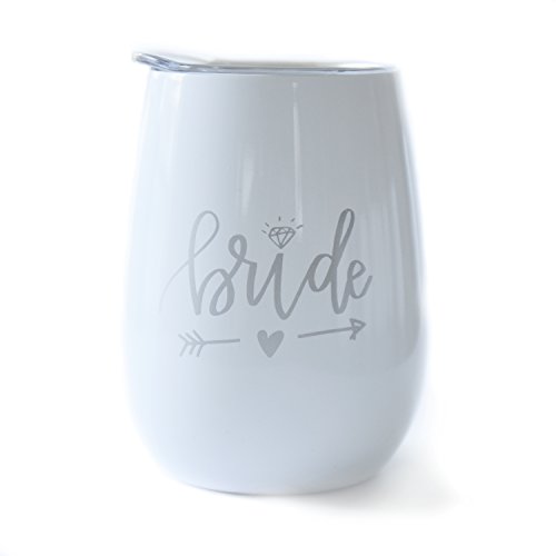 Bride - 10 oz Stainless Steel Wine Tumbler with Lid (White and Silver)