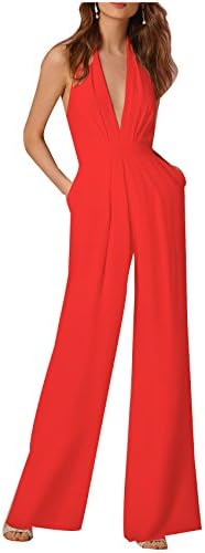 Anermy Women Halter Plunge V Neck Backless Pleated High Waist Wide Leng Jumpsuit Rompers