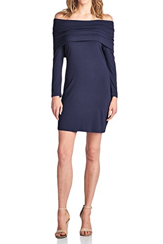 Beachcoco Women's Off Shoulder 3/4 Sleeve Knee Length Dress (S, Navy)