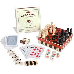 Front Porch Circa Classics Six-in-One Mini Game Set Chess Checkers Backgammon Playing Cards Poker Dice and Dominoes