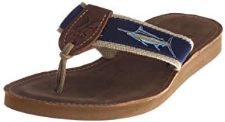 Ocean Rider Leather Flip Flops with Blue Damask Woven Ribbon Straps Handmade in the USA - Marlin Straight (Men's 11 - US)