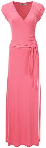 NINEXIS Women's V-Neck Cap Sleeve Waist Wrap Front Maxi Dress