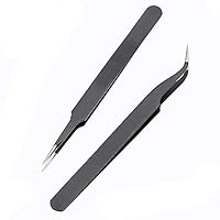 GTNINE Straight Curved Stainless Steel Eyebrow Eyelashes Pointed Facial Hair Slant Tip Precision Tweezers Remover 2 Pcs Black