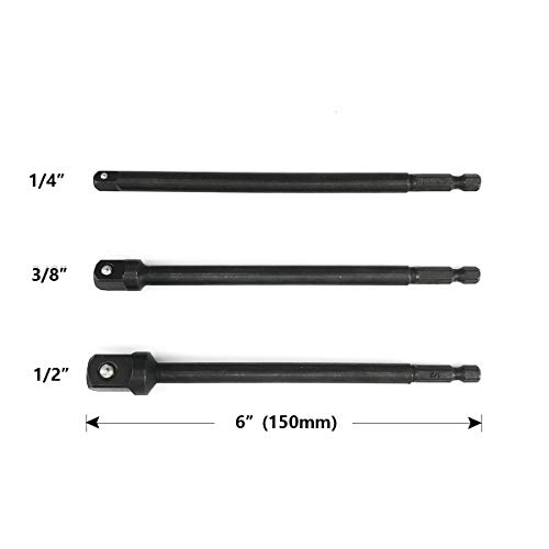 SPKLINE 6-Inch Extra Long Impact Grade Socket Adapter Extension Bar Set Turns Power Drill into High Speed Nut Driver 3 Pieces Hex Shank 1/4-inch, 3/8-inch, and 1/2-inch Socket Bit Drive