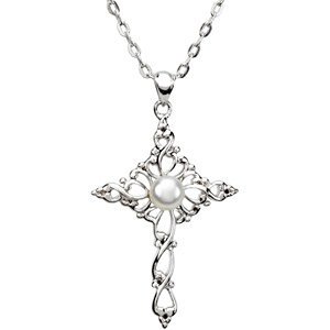 Filigree Pearl 'Confirmed by Grace' Cross Rhodium Plate Sterling Silver Pendant Necklace, 18".