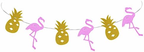 Pink Glitter Flamingo and Gold Glitter Pineapple Hawaiian Luau Garland Ribbon Banner - Tropical Tiki Summer Pool Party Decorations Supplies - 7 Feet Length- No DIY Required